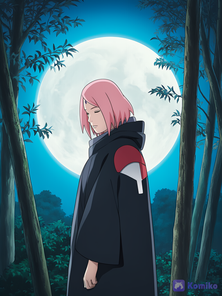 (Boruto: Naruto Next Generations), Masashi Kishimoto art style, side view from a high angle, Wear the next one close to the body, from head to waist. Sakura Haruno is dressed in Sasuke Uchiha's clothes and his black cloak, which covers her entire body. She is in the forest at night; the moon illuminates the surroundings. shonen manga cover art, full color manga illustration, manga shadows.