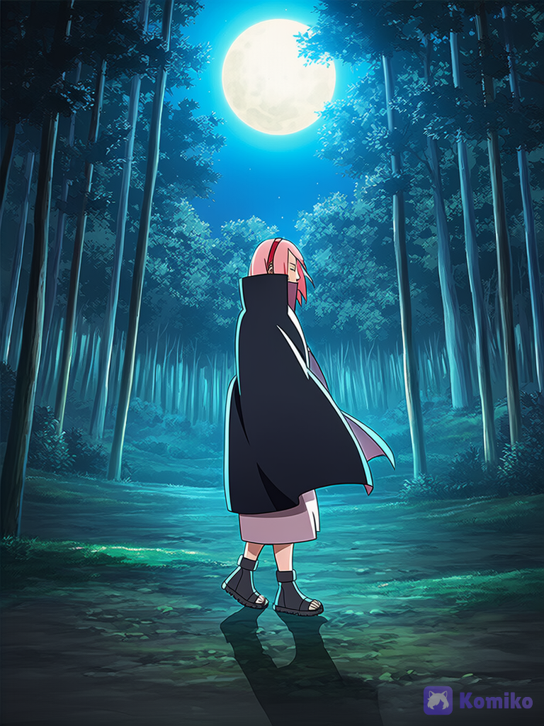 (Boruto: Naruto Next Generations), Masashi Kishimoto art style, side view from a high angle. Sakura Haruno is dressed in Sasuke Uchiha's clothes and his black cloak, which covers her entire body. She is in the forest at night; the moon illuminates the surroundings. shonen manga cover art, full color manga illustration, manga shadows.