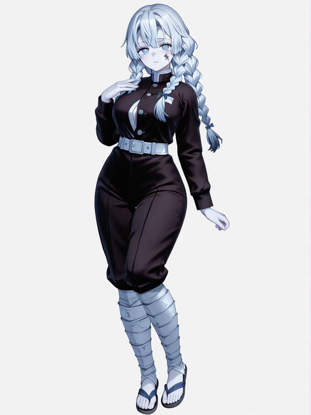 [3d-anime-style] 1girl, demon_slayer_uniform, mature, curvy, scar, pale_skin, slim, braids, blue_eyes, demon_slayer_style, single character, full body, looking at viewer, simple background, white background