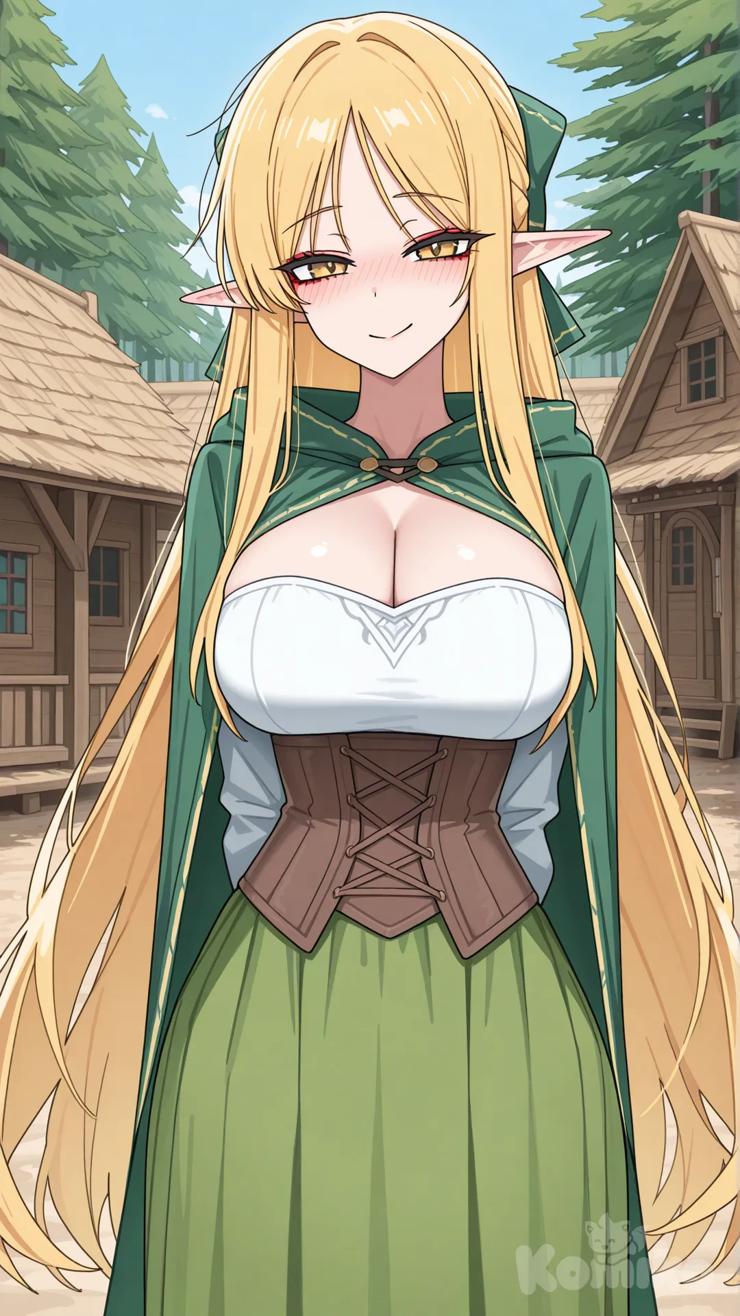 [toon-shaded-style], 1girl, fantasy forest village, cowboy shot, day, side light, makeup, mascara, eyeliner, yellow eyes, large yellow eyes, blonde hair, very long hair, large hair bow, green cloak, large breasts, corset, narrow waist, smile, blush, embarrassed, blue sky, elf, skirt, hands behind back, looking at viewer