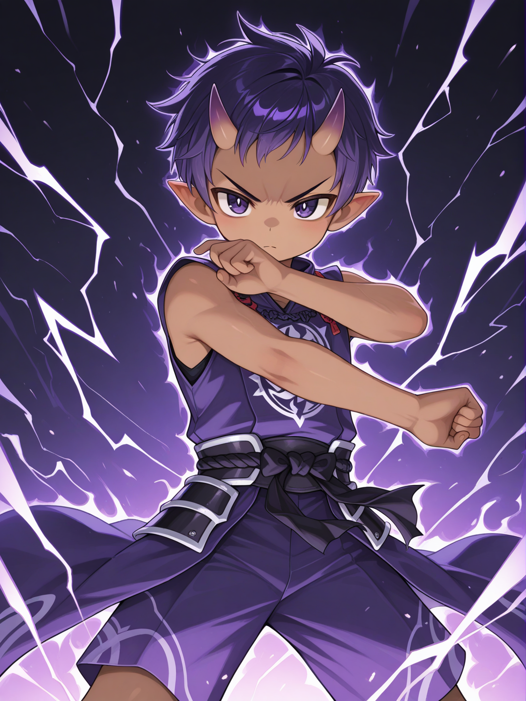 1boy, Dark skin, male focus, (((Young))), short pointy ears, solo, dark purple eyes, purple hair, very short hair, purple Shorts, oni horns, Serious, (((SHOTA))), sleeveless, armor, waist cape, sash, unitard,sota,Very high image quality, clear details, high image quality, Daikung ,aki, aoki, aoi, sota, nobu, lightning aura, strike