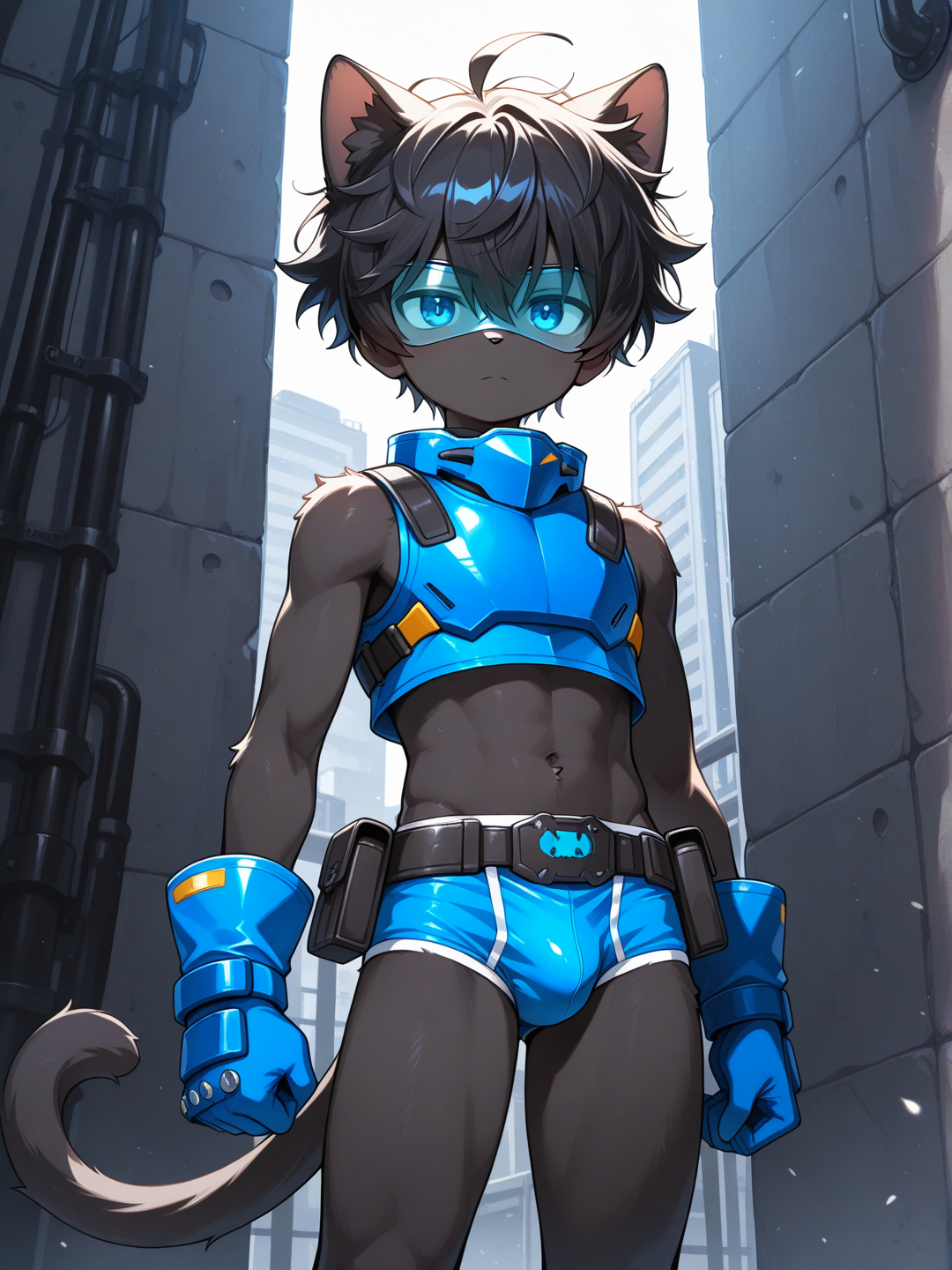 (((Furry))), (((Young))), cat, black fur, black skin, male focus, solo, light blue eyes, very short hair, messy hair, hair between eyes, black hair, blue briefs, fur briefs, utility belt, sleeveless, armor, crop top, serious, blue gloves, optical visor, visor over eyes,sota,Very high image quality, clear details, high image quality, Daikung ,aki, aoki, aoi, sota, nobu