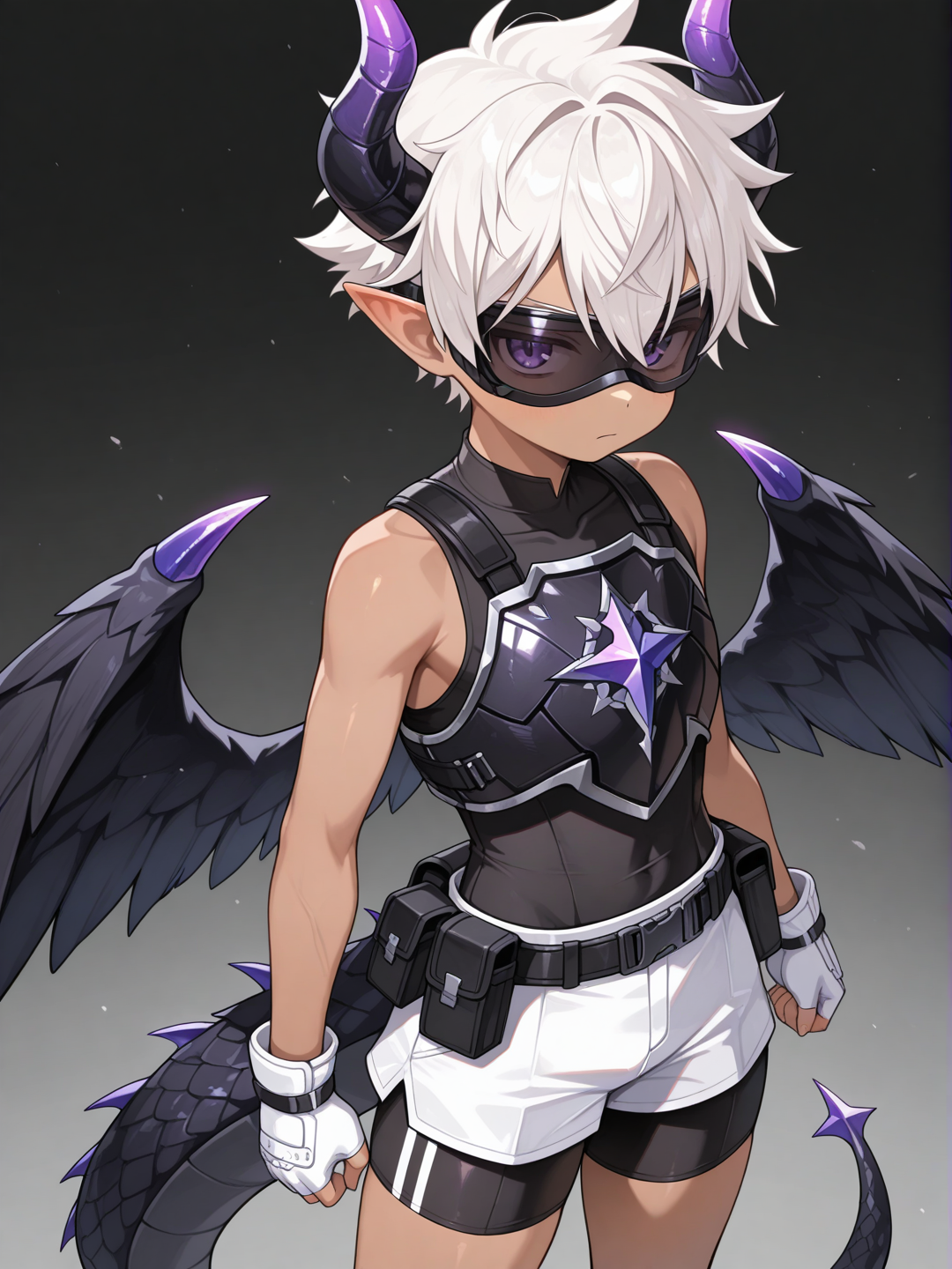 (((SHOTA))), (((YOUNG))), (((Dark skin))), male focus, solo, Dragon horns, pointy ears, Dragon tail, purple eyes, very short hair, white hair, spiked hair, Sleeveless, black wings, armor, chest plate, black unitard, white shorts, black bike Shorts, bike shorts under shorts, serious, utility belt, white gloves, fingerless gloves, black visor goggles, visor over eyes, Daikung,aki, aoki, aoi, nobu,Very high image quality, clear details, high image quality, Daikung, 1boy