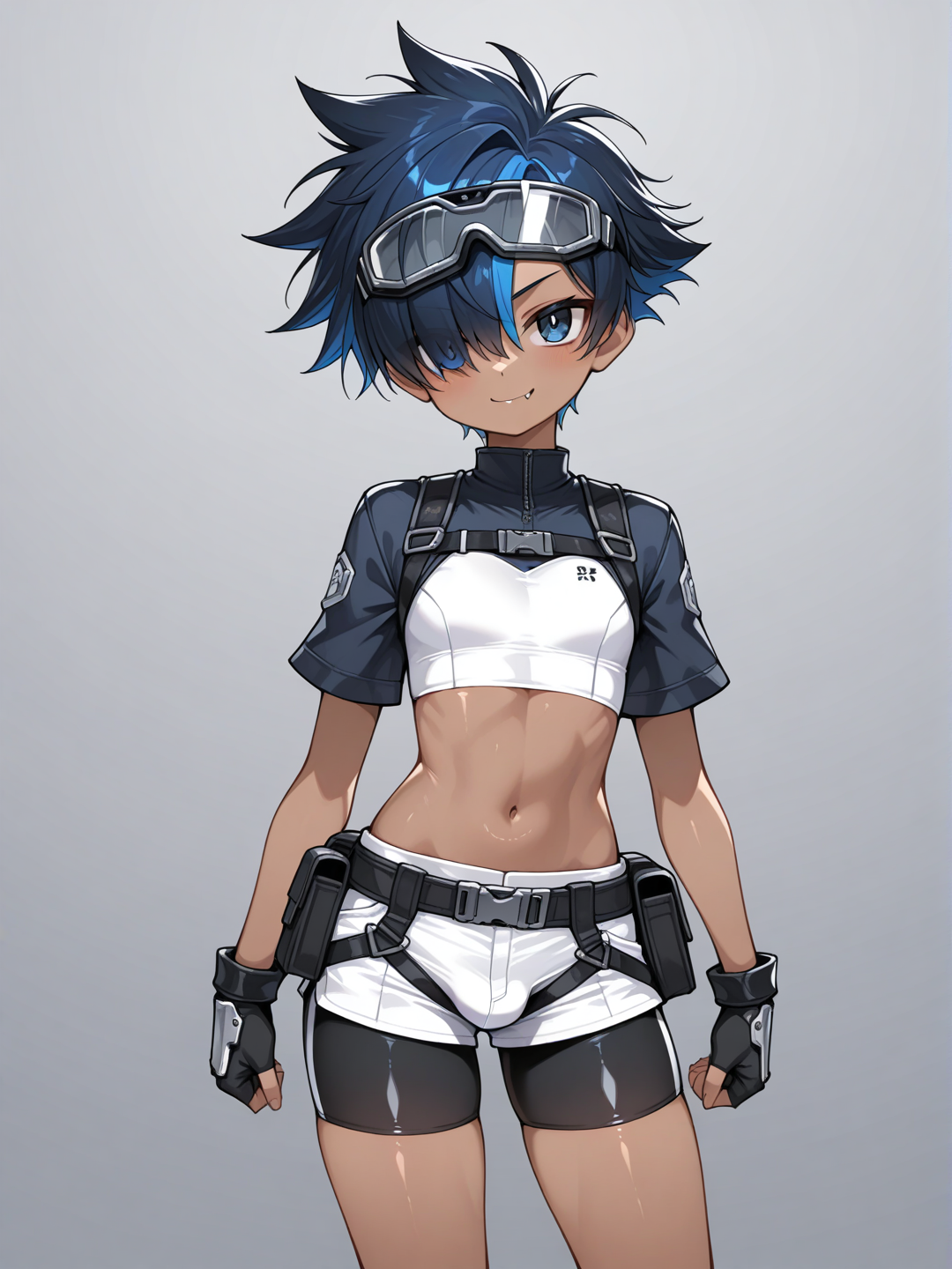 (((Young))), (((Dark Skin))), male focused, solo, dark blue eyes, very short hair, spiked hair, hair over eye, multicolored hair, dark blue hair, short sleeves, armor, white crop top, white short shorts, black bike shorts, bike shorts under shorts, serious smile, (((Daikung))), boobs, shiny skin, fang, visor goggles, visor over eyes, fingerless gloves, Daikung, bulge, utility belt, skin tight, Daikung, bulge ,aki, aoki, aoi, sota, nobu,sota,Very high image quality, clear details, high image quality, Daikung