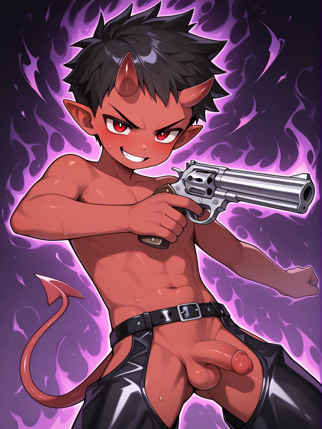 1boy, holding gun, revolver, evil smile, blush, expressive eyes, cute face, 1boy, little boy, Young, Shota, (((Dark red skin))), male focus, solo, red eyes, very short hair, buzz cut hair, spiked hair, black hair, oni horns, pointy ears, red demon tail, naked, penis, chaps shorts, dark aura, Daikung, serious,sota,Very high image quality, clear details, high image quality, Daikung ,aki, aoki, aoi, sota, nobu