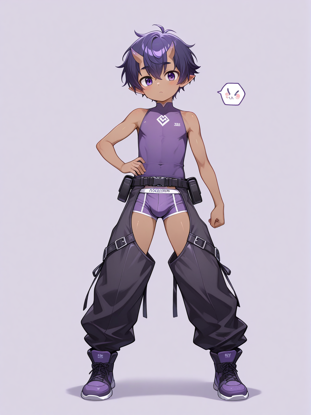 1boy, Dark skin, male focus, Young, Shota, pointy ears, solo, purple eyes, purple hair, short hair, small oni horns, sleeveless, purple compression shirt, Boxer Briefs, short chaps, utility belt, sota,aki, aoki, aoi, sota, nobu, Daikung, sexy, full body