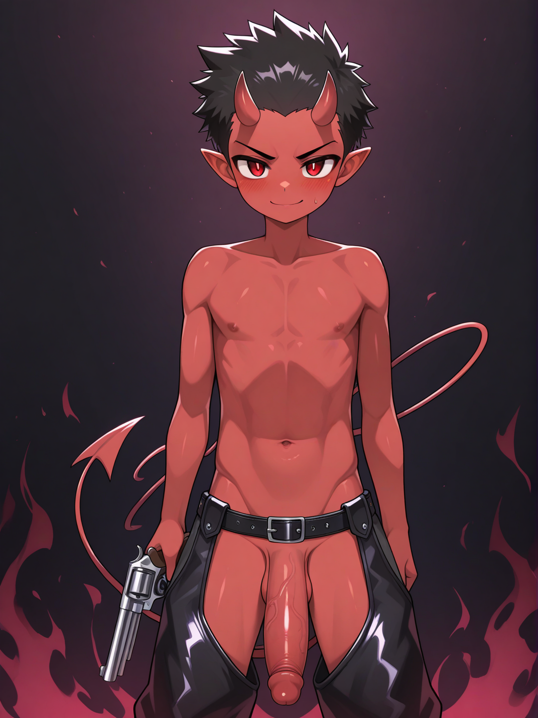 1boy, holding gun, revolver, evil smile, blush, expressive eyes, cute face, 1boy, little boy, Young, Shota, (((Dark red skin))), male focus, solo, red eyes, very short hair, buzz cut hair, spiked hair, black hair, oni horns, pointy ears, red demon tail, naked, big cock, chaps shorts, dark aura, Daikung, serious,sota,Very high image quality, clear details, high image quality