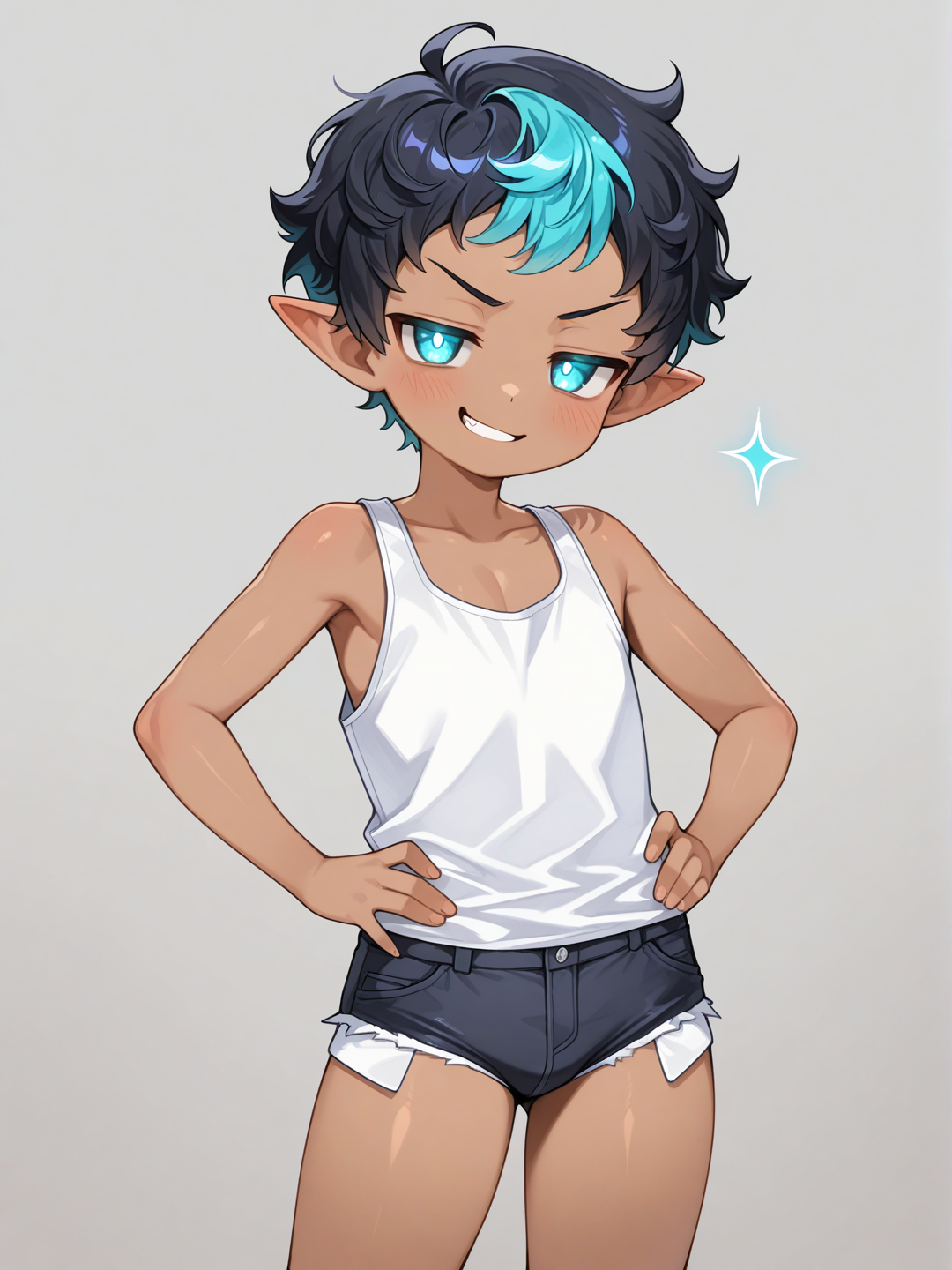 Materpiece, 1boy, (((((YOUNG))))), dark skin, male focus, solo, pointy ears, Cyan eyes, Cyan hair, multicolored hair, very short hair, curly hair, tank top, micro shorts, Daikung, suggestive pose, smug