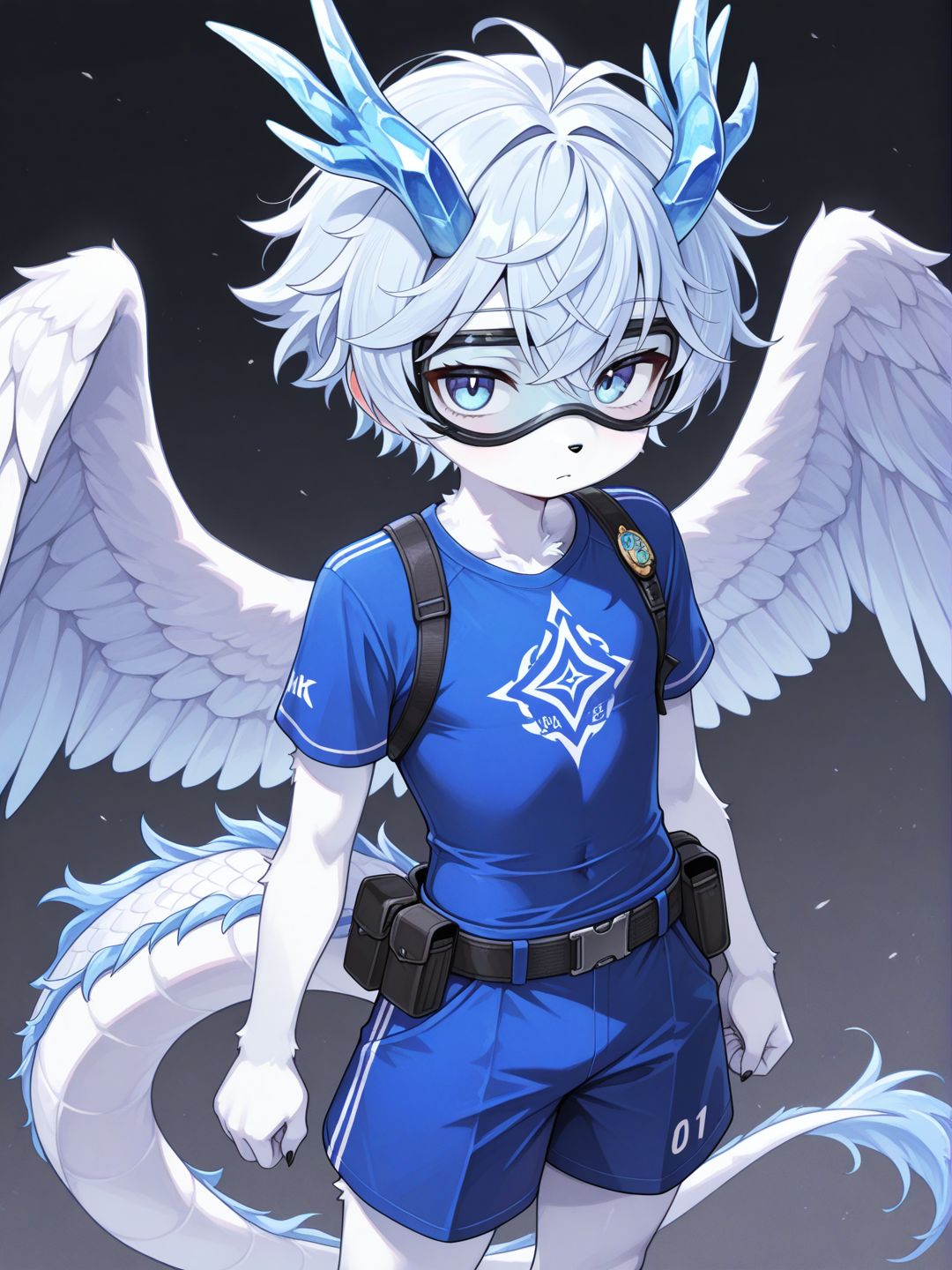 (((YOUNG))), (((FURRY))), white fur, male focus, solo, Wolf, Dragon tail, dragon horns, feather wings, light blue eyes, dark blue hair, messy hair, Short sleeve, blue compression shirt, light blue Shorts, black utility belt, black visor goggles, goggles over eyes,sota,Very high image quality, clear details, high image quality, Daikung ,aki, aoki, aoi, sota, nobu,high-res