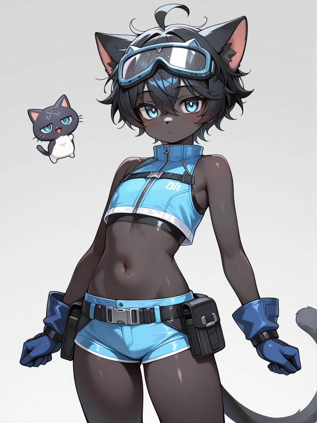 (((Furry))), (((Young))), cat, black fur, black skin, male focus, solo, light blue eyes, very short hair, messy hair, hair between eyes, black hair, blue micro shorts, utility belt, sleeveless crop top, blue gloves, visor goggles, visor over eyes,Very high image quality, clear details, high image quality, Daikung ,aki, aoki, aoi, nobu,sota,high-res, type-e, type-e