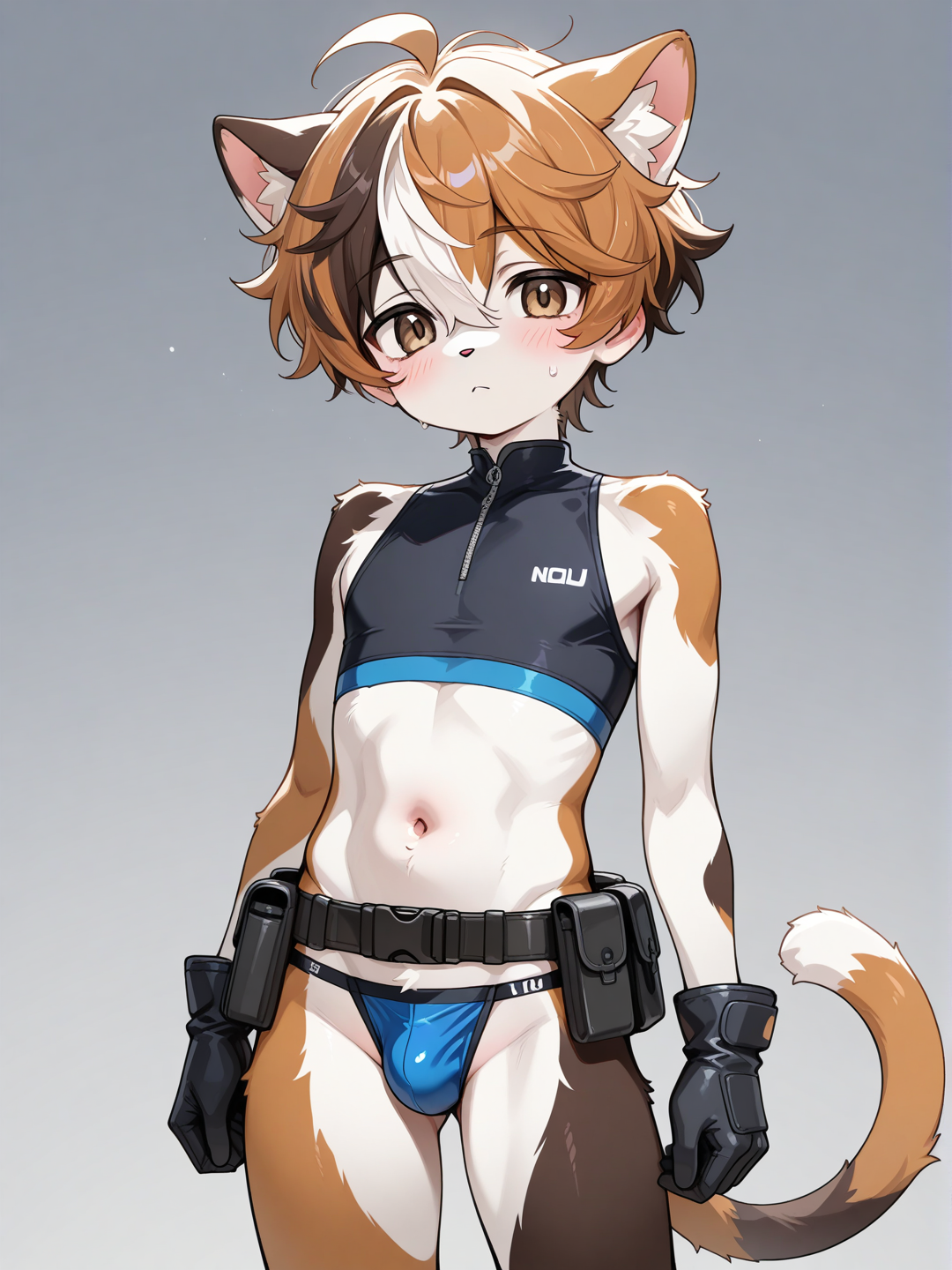 (((Furry))), (((Young))), cat, calico fur, male focus, solo, light brown eyes, very short hair, messy hair, hair between eyes, calico hair, blue micro briefs, utility belt, sleeveless, black sports bra, black gloves,Very high image quality, clear details, high image quality,aki, aoki, aoi, nobu,sota,high-res, type-e, type-e