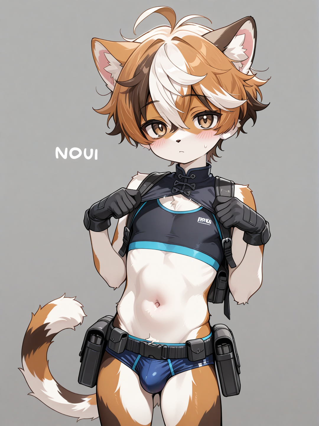 (((Furry))), (((Young))), cat, calico fur, male focus, solo, light brown eyes, very short hair, messy hair, hair between eyes, calico hair, blue micro briefs, utility belt, sleeveless, black sports bra, black gloves,Very high image quality, clear details, high image quality,aki, aoki, aoi, nobu,sota,high-res, type-e, type-e