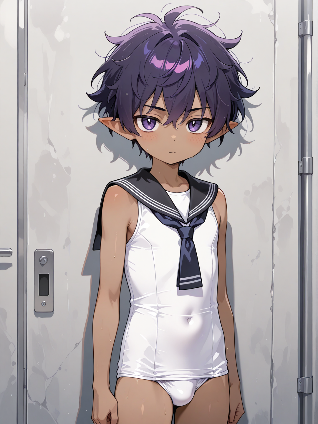 1boy, Dark skin, male focus, Young, Boy, short pointy ears, solo, Pearl black berry eyes, Pearl black berry hair, messy hair, very short hair, shite school swimsuit, black sailor collar, strike, serious, sota, Daikung ,aki, aoki, aoi, sota, nobu,Very high image quality, clear details, high image quality