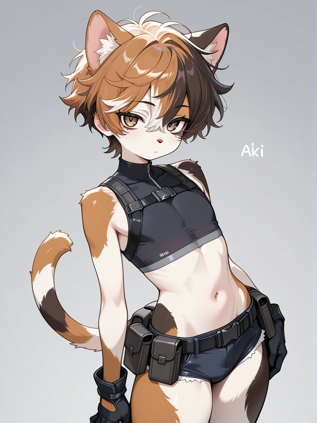 (((Furry))), (((Young))), cat, calico fur, male focus, solo, light brown eyes, very short hair, messy hair, hair between eyes, calico hair, micro shorts, utility belt, sleeveless, black sports bra, black gloves,Very high image quality, clear details, high image quality,aki, aoki, aoi, nobu,sota,high-res, type-e, type-e