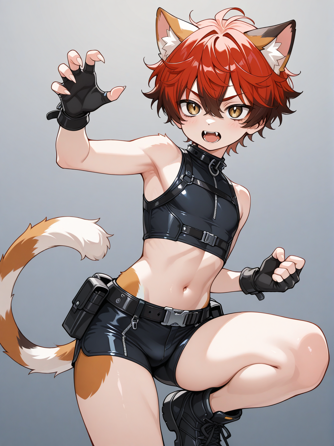 (((Furry))), (((Young))), cat, calico fur, male focus, solo, light brown eyes, very short hair, messy hair, hair between eyes, calico hair, blue micro shorts, utility belt, sleeveless, black crop top, black gloves,Very high image quality, clear details, high image quality,aki, aoki, aoi, nobu,sota,high-res, type-e, type-e