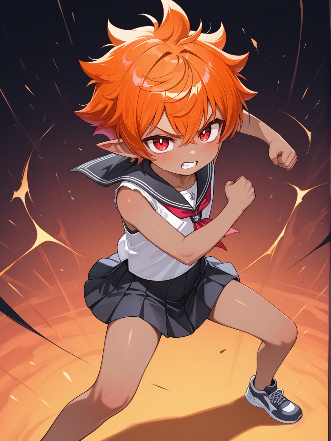 1boy, Dark skin, male focus, Shota, Young, Boy, short pointy ears, solo, Red orange eyes, Red orange hair, spiked hair, very short hair, sleeveless, t-shirt, black sailor collar, strike, angry, sota, Daikung ,aki, aoki, aoi, sota, nobu,Very high image quality, clear details, high image quality, miniskirt