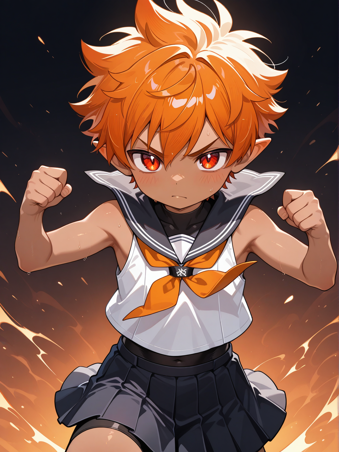1boy, Dark skin, male focus, Young Boy, short pointy ears, solo, Red orange eyes, Red orange hair, spiked hair, very short hair, sleeveless, compression shirt, black sailor collar, strike, angry, sota, Daikung ,aki, aoki, aoi, sota, nobu,Very high image quality, clear details, high image quality, miniskirt