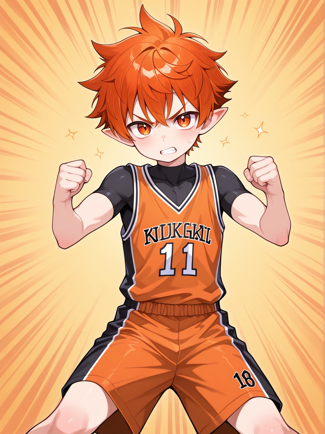1boy, male focus, Shota, Young, Boy, short pointy ears, solo, Red orange eyes, Red orange hair, spiked hair, very short hair, compression shirt, strike, angry, sota, Daikung ,aki, aoki, aoi, sota, nobu,Very high image quality, clear details, high image quality, basketball shorts