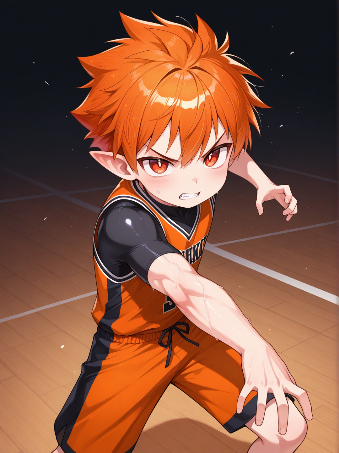 1boy, male focus, Young Boy, short pointy ears, solo, Red orange eyes, Red orange hair, spiked hair, very short hair, compression shirt, strike, angry, sota, Daikung,Very high image quality, clear details, high image quality, basketball shorts