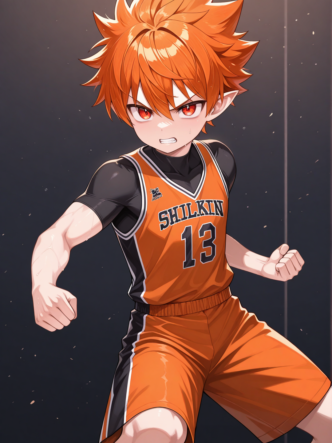 1boy, male focus, Young Boy, short pointy ears, solo, Red orange eyes, Red orange hair, spiked hair, very short hair, compression shirt, strike, angry, sota, Daikung,Very high image quality, clear details, high image quality, basketball shorts
