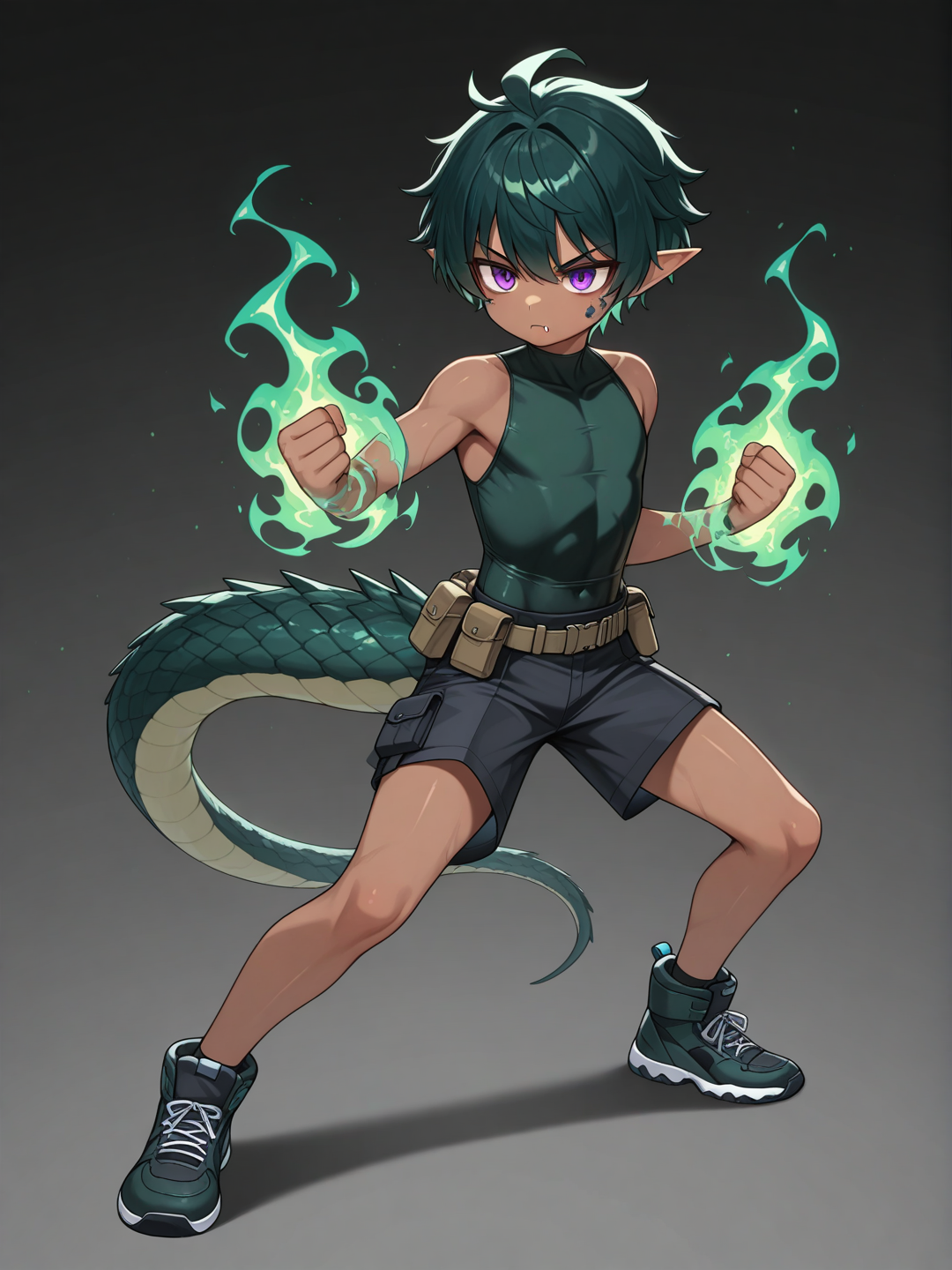 1boy, Young, Shota, dark skin, covered in scales, scales on body, pointy ears, male focus, solo, green lizard tail, purple eyes, fangs, short dark green hair, sleeveless, compression shirt, shorts, utility belt, Very high image quality, clear details, high image quality, serious, poison aura, strike,Daikung