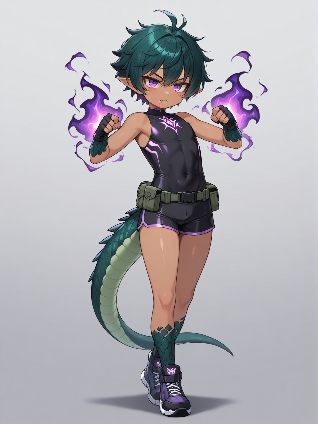 1boy, Young, Shota, dark skin, covered in scales, scales on body, pointy ears, male focus, solo, green lizard tail, purple eyes, fangs, short dark green hair, sleeveless, compression shirt, shorts, utility belt, Very high image quality, clear details, high image quality, serious, poison aura, strike,Daikung