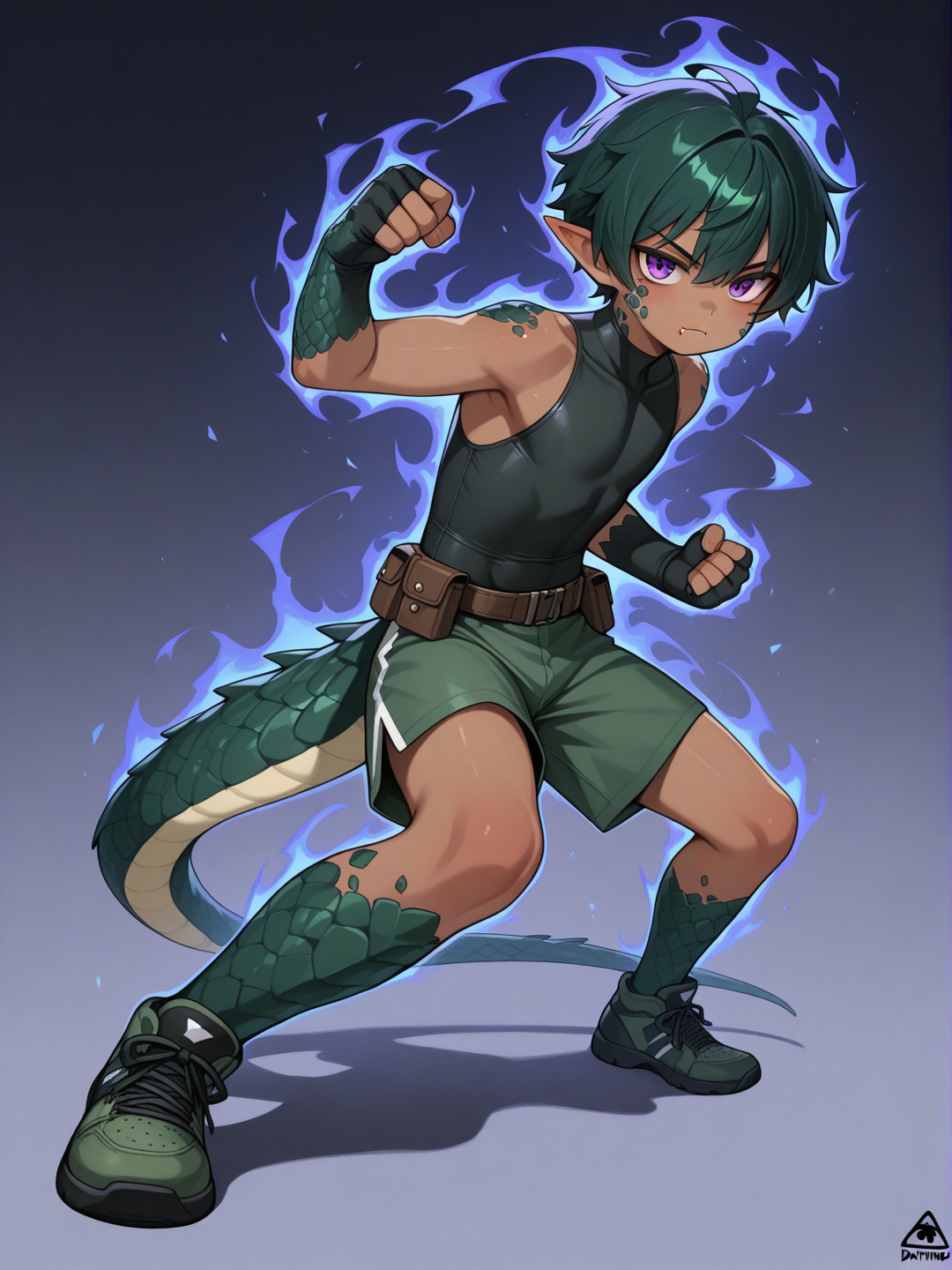 1boy, Young, preteen, dark skin, covered in scales, scales on body, pointy ears, male focus, solo, green lizard tail, purple eyes, fangs, short dark green hair, sleeveless, compression shirt, shorts, utility belt, Very high image quality, clear details, high image quality, serious, poison aura, strike,Daikung