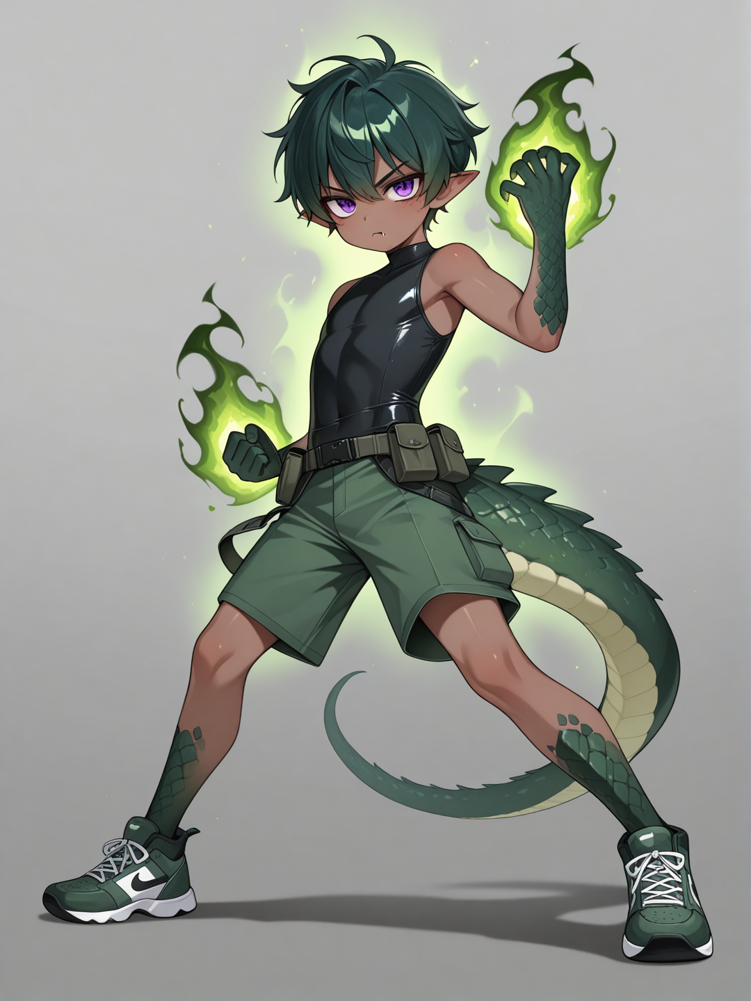 1boy, Young, preteen, dark skin, covered in scales, scales on body, pointy ears, male focus, solo, green lizard tail, purple eyes, fangs, short dark green hair, sleeveless, compression shirt, shorts, utility belt, Very high image quality, clear details, high image quality, serious, poison aura, strike,Daikung