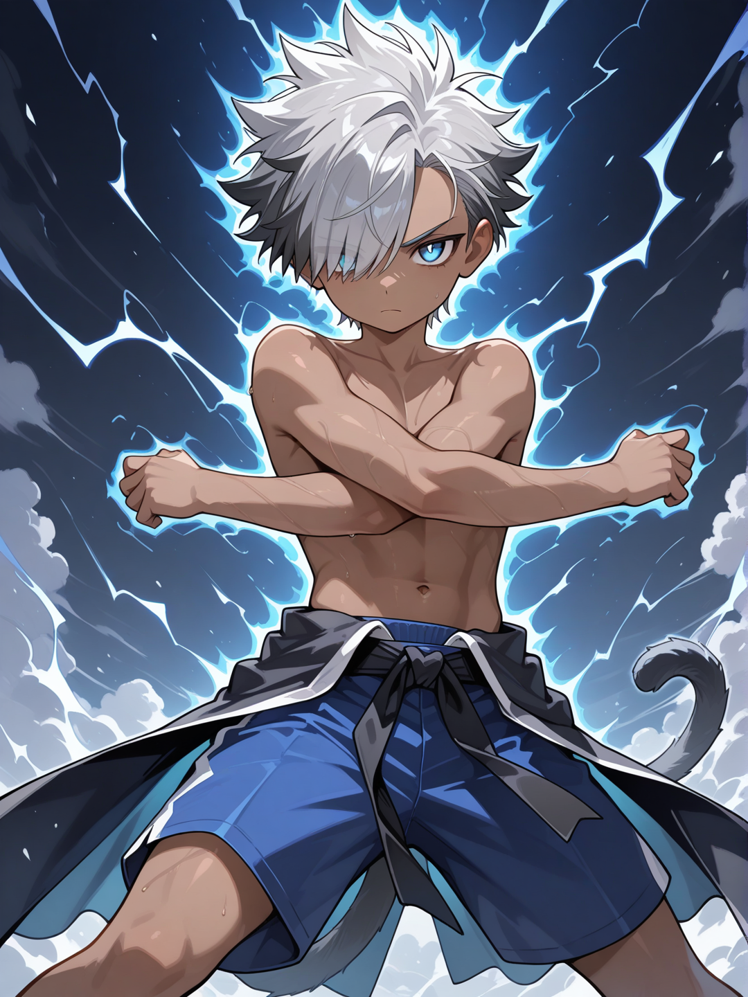 Young, child, dark skin, male focus, solo, glowing blue eyes, dark grey hair, very short hair, hair over one eye, shirtless, waist cape, sash, blue shorts, serious, dark grey monkey tail, solo, spiked hair, Very high image quality, clear details, high image quality, lightning aura, sexy pose