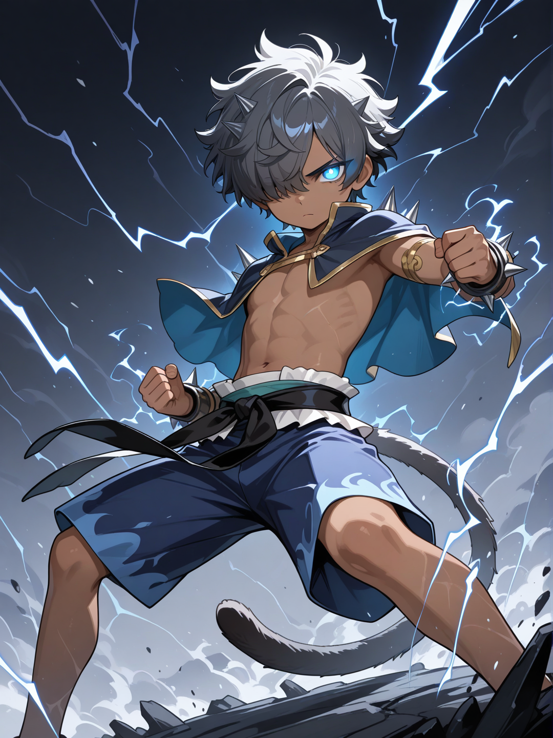 Young, child, dark skin, male focus, solo, glowing blue eyes, dark grey hair, very short hair, hair over one eye, shirtless, waist cape, sash, blue shorts, serious, dark grey monkey tail, solo, spiked hair, Very high image quality, clear details, high image quality, lightning aura, fighting stance