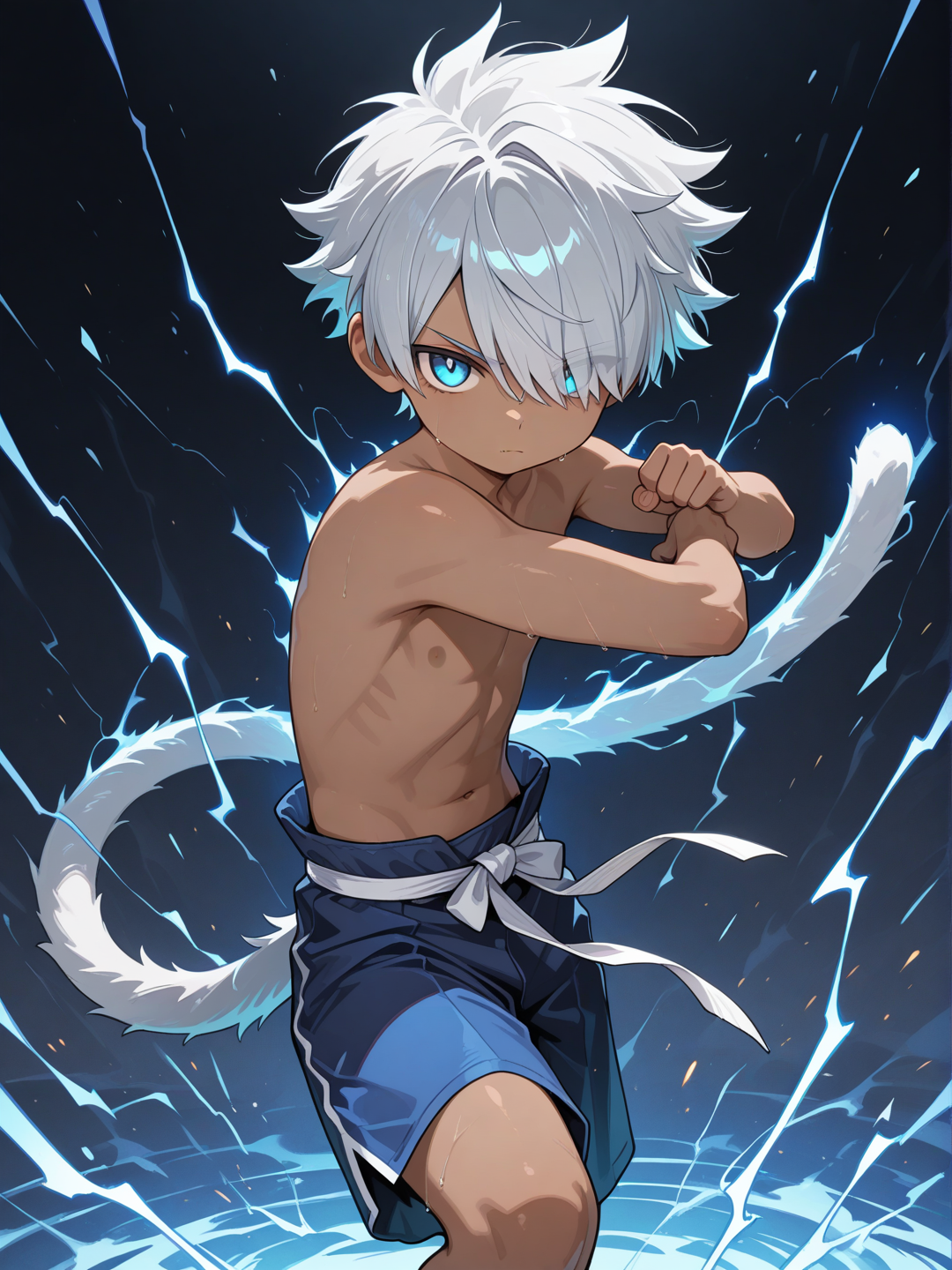 Young, child, dark skin, male focus, solo, glowing blue eyes, dark grey hair, very short hair, hair over one eye, shirtless, sash, blue shorts, serious, dark grey monkey tail, solo, spiked hair, Very high image quality, clear details, high image quality, lightning aura, fighting stance