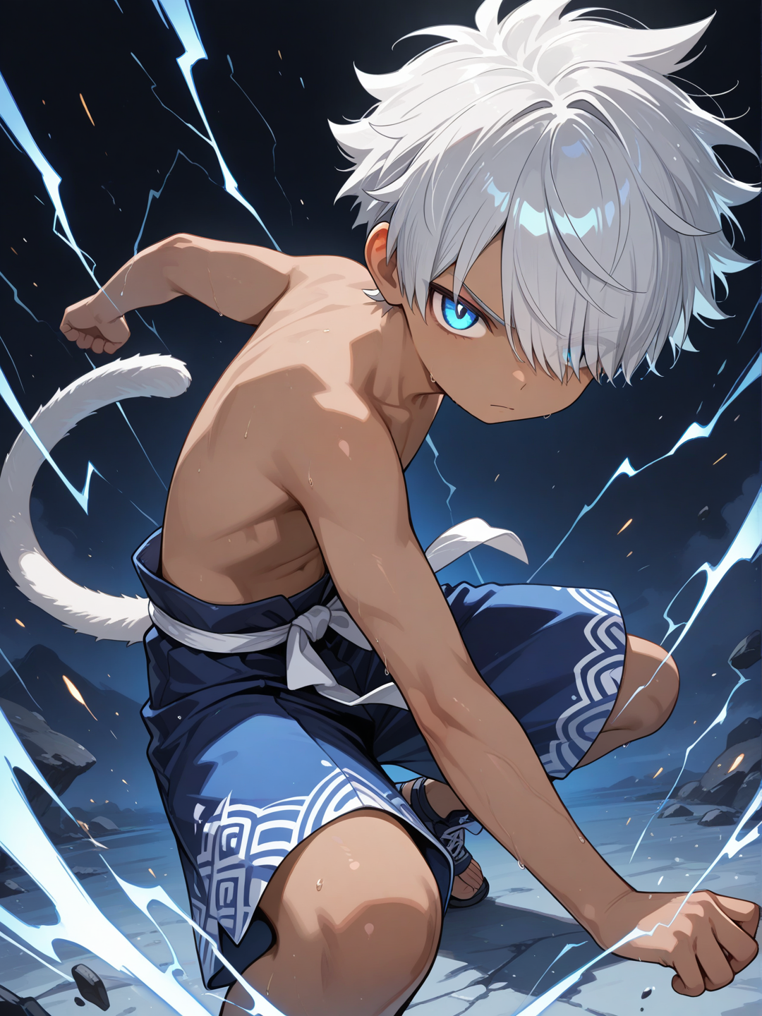 Young, child, dark skin, male focus, solo, glowing blue eyes, dark grey hair, very short hair, hair over one eye, shirtless, sash, blue shorts, serious, dark grey monkey tail, solo, spiked hair, Very high image quality, clear details, high image quality, lightning aura, fighting stance