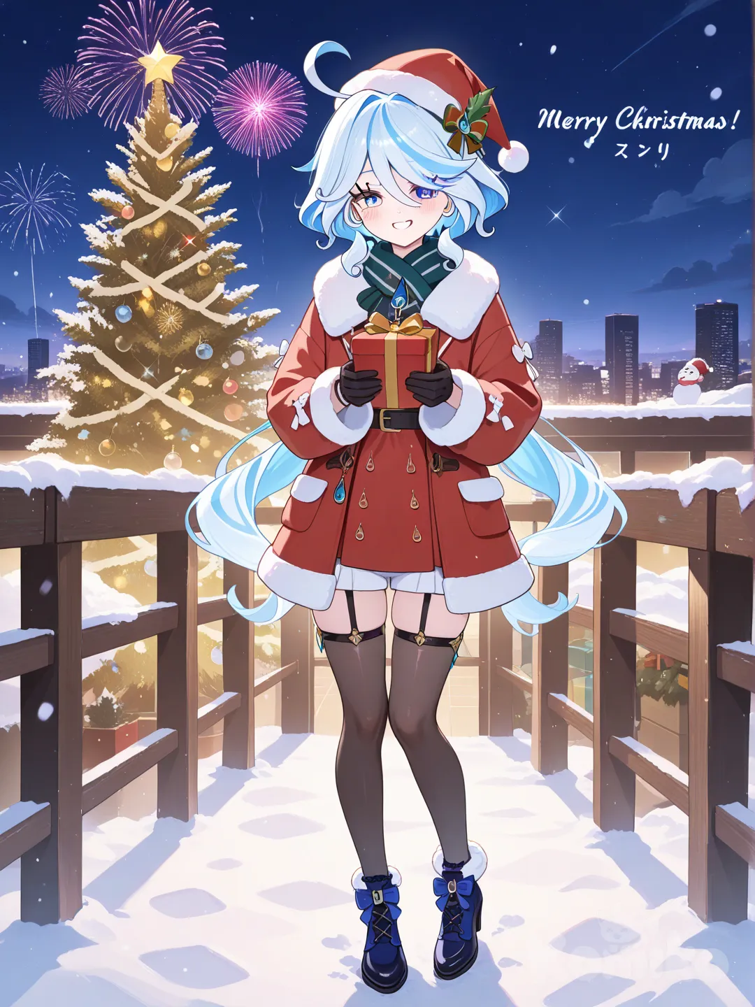 Furina (Genshin Impact) blush, fur coat, cityscape, full body, christmas lights, christmas tree, merry christmas, holding gift, smile, fireworks
