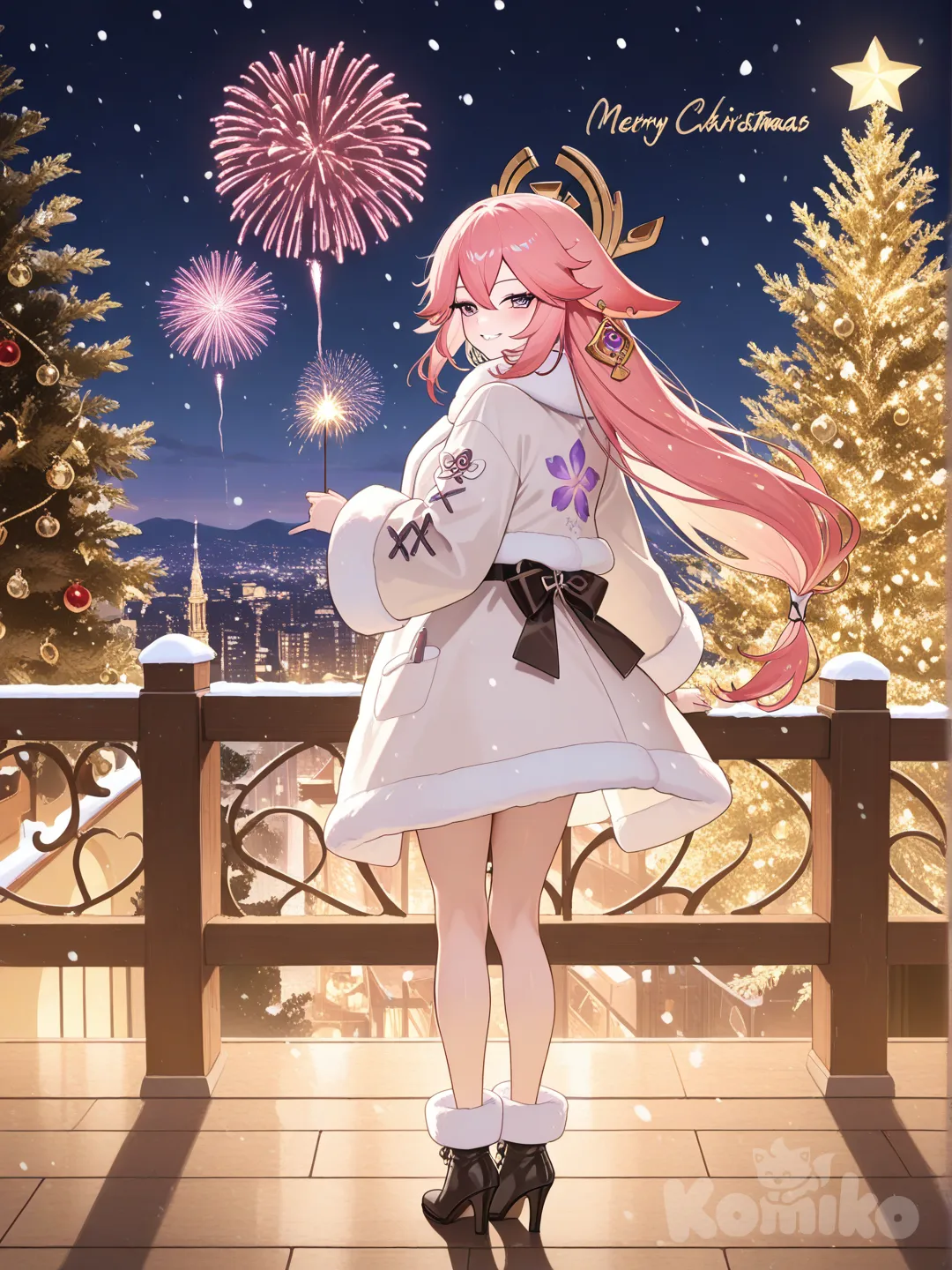 blush, fur coat, cityscape, full body, christmas lights, christmas tree, merry christmas, smile, fireworks, @Yae_Miko, looking back, snowing