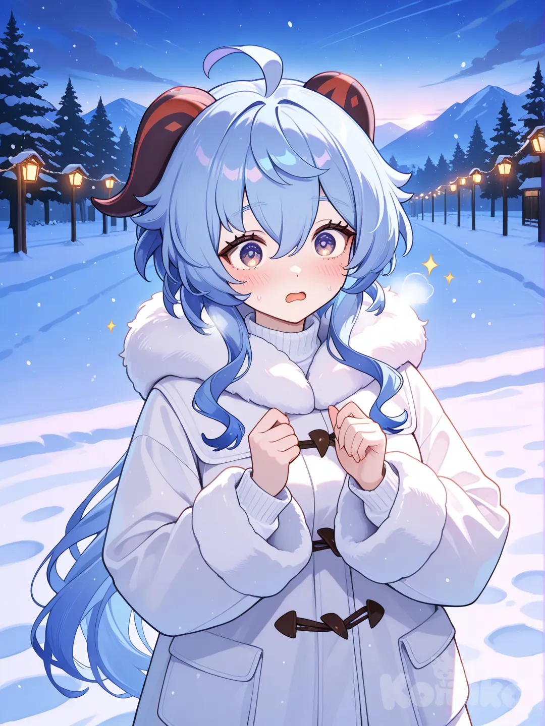 @Ganyu_(Genshin_Impact), shocked, blush,snowfalls, christmas lights, fur coat,fall dawn,in snow