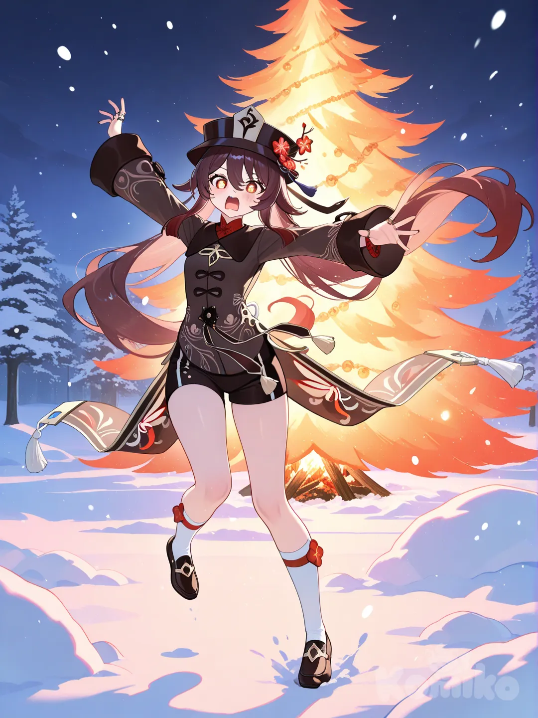 @Hu_Tao_(Genshin_Impact) burn christmas tree, shocked, full body,snow fall