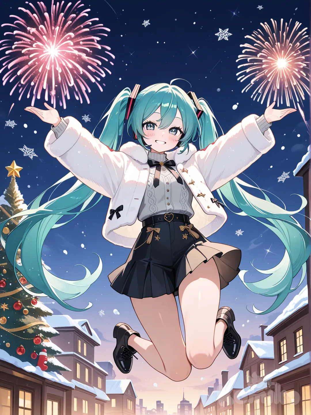@Hatsune_Miku, blush, smile, cityscape, snow, snow falling, christmas tree, christmas, merry christmas, fur coat, full body, fireworks,short skirt,jump