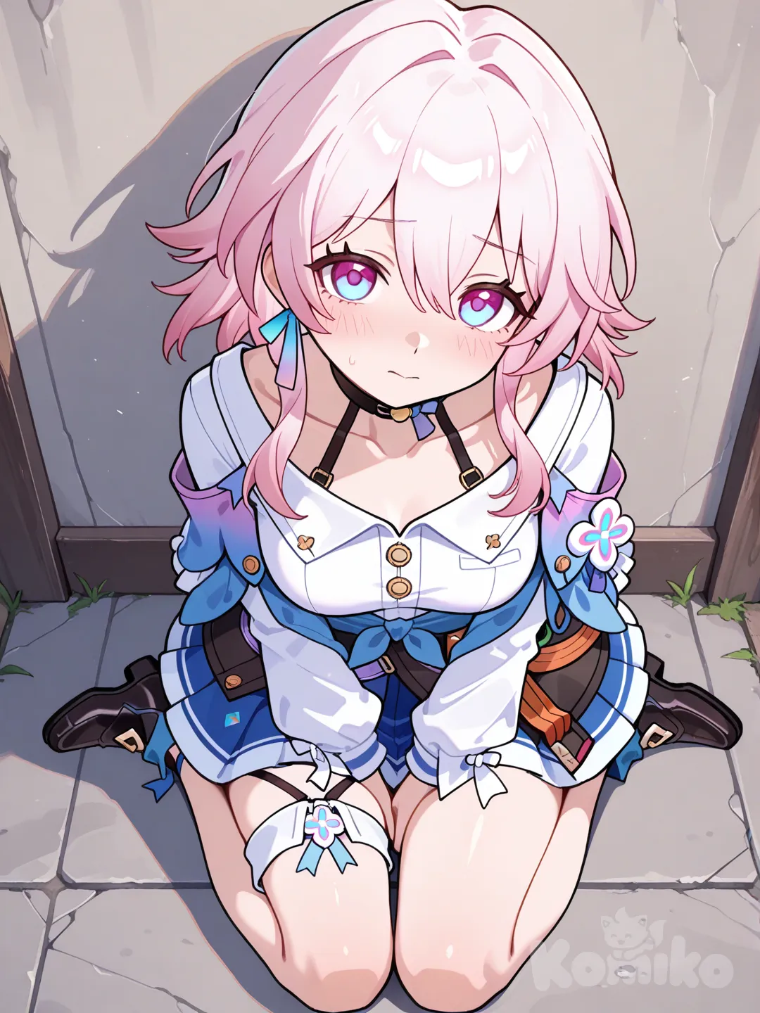 @March_7Th_(Honkai:Star_Rail), sitting on the ground, blush, from above, full body, head tilt