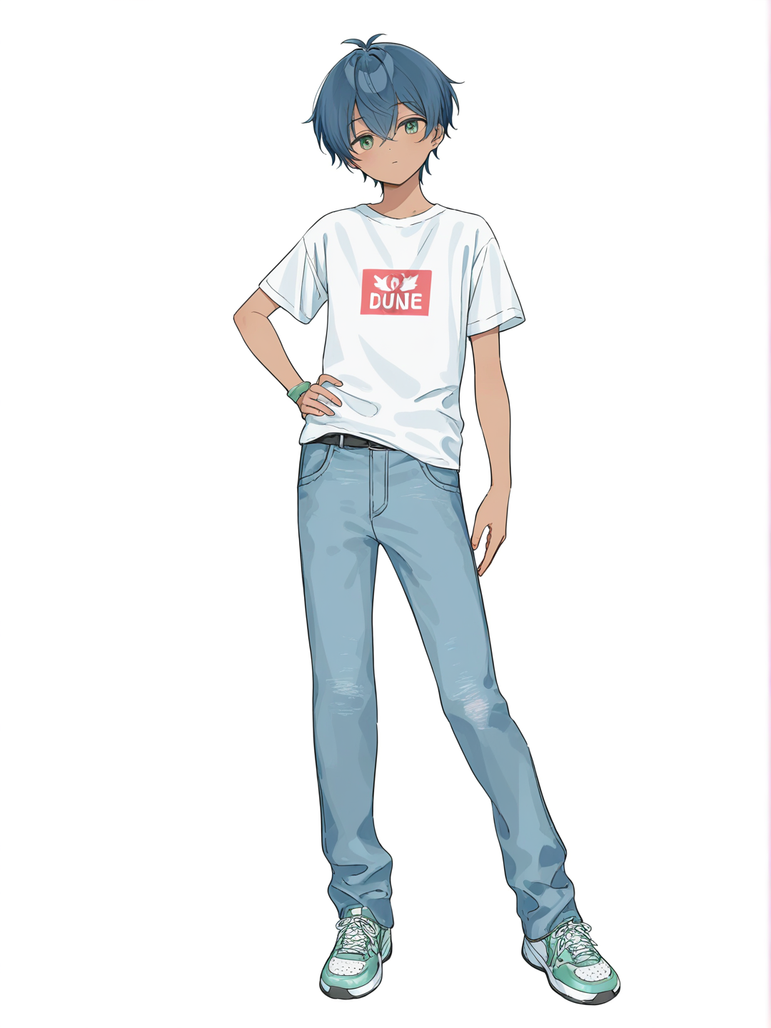 [soft-pastel-style] 1boy, teenager, short, blue hair, green eyes, tan skin, t-shirt, jeans, single character, full body, looking at viewer, anime style, simple background, white background