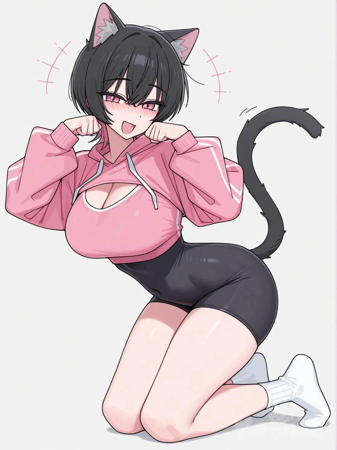 a catgirl with short black hair, wolfcut, black ears, pink eyes, blushing, pleasant expression,baggy pink crop top with black bodysuit under, exposed thighs, arching back, nice boobs, black cat tail, white low socks, [toon-shaded-style]