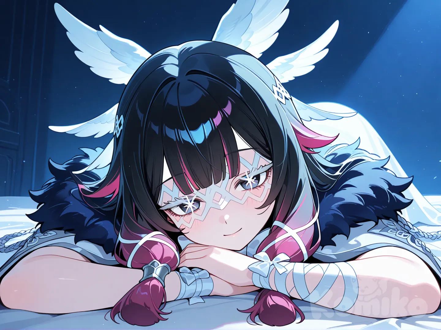 @Columbina_(Genshin_Impact), lie on stomache, head tilt