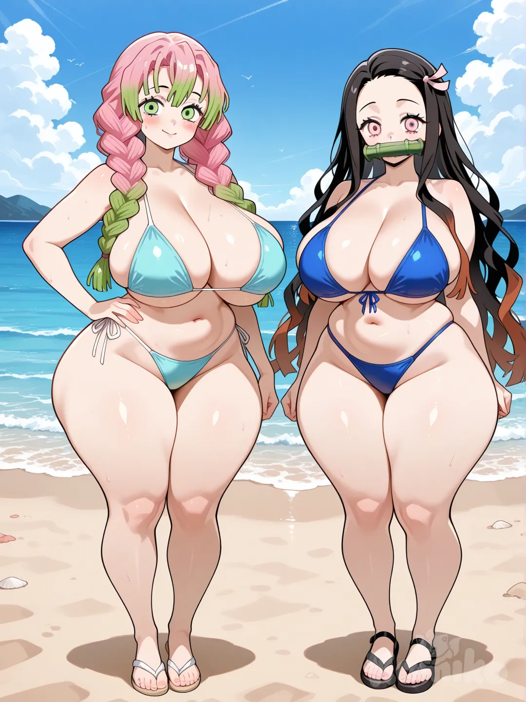 2girls, nezuko_kamado, mitsuri_kanroji, full body, looking at viewer, anime style, simple background, white background, que estén en la playa y que tengan bikini azul que estén muy nalgonas muy chichonas que vean de frente