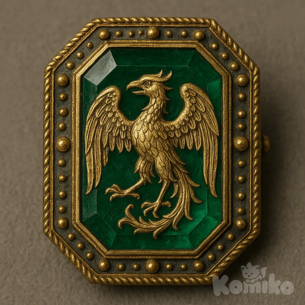 brooch, emerald shape,phoenix, medieval