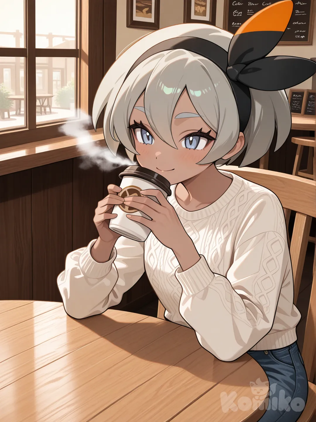 @Bea_(Pokemon),tomando cafe en una cafeteria relajada