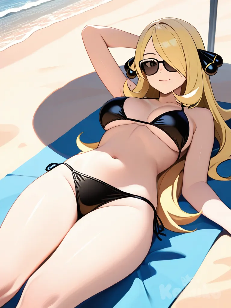 @Cynthia_(Pokemon),tomandose un descanso en la playa con bikini y gafas negras echada sobre una manta en la arena tomando el sol