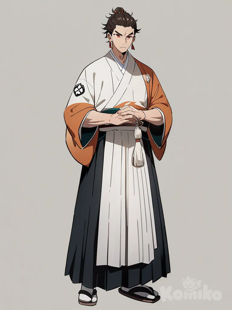 1boy, demon slayer, original character, mature, athletic, brown hair, red eyes, fair skin, kimono, hakama, tassels, hairpin, earrings, Hamato clan symbol, single character, full body, looking at viewer, anime style, simple background, white background