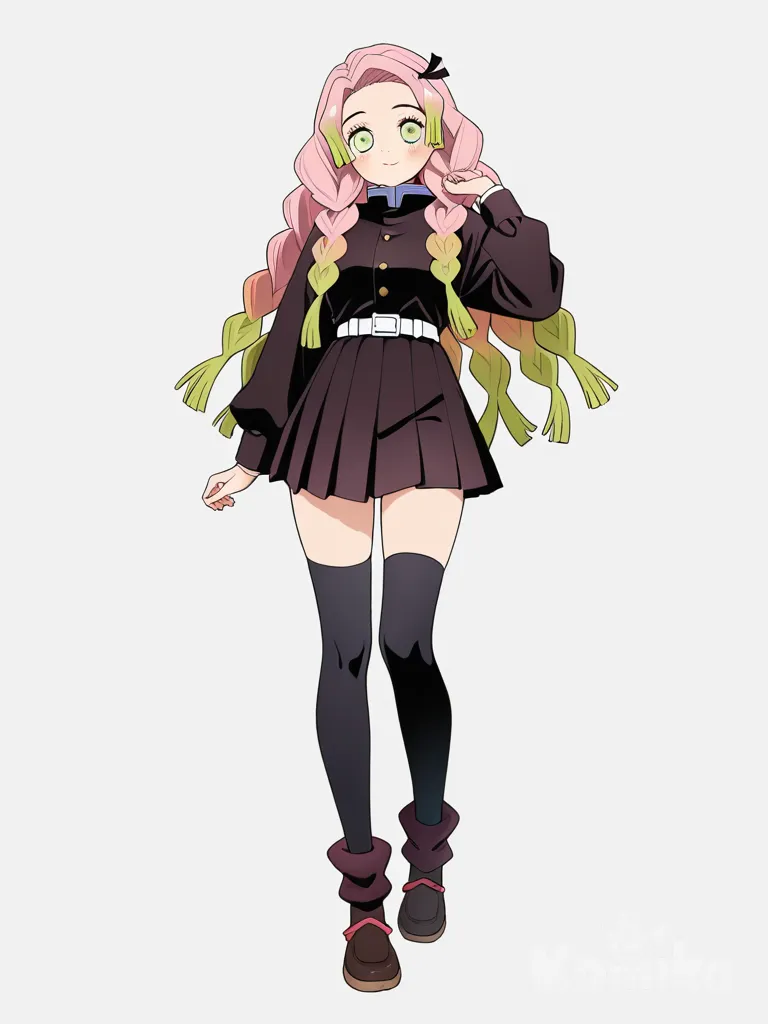 1girl, kocho_kanae, tsuyuri_kanao, kocho_shinobu, kanroji_mitsuri, kamado_nezuko, makomo, character_fusion, single character, full body, looking at viewer, anime style, simple background, white background