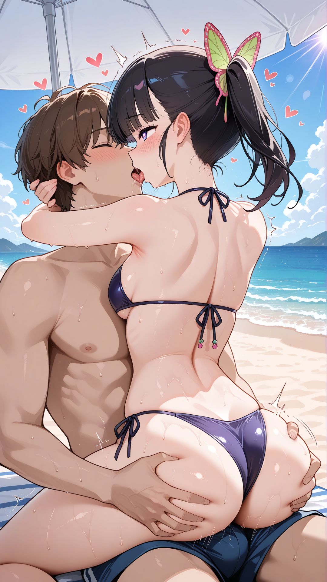 commander (azur lane), bikini, at the beautiful beach resort, under big parasol, girl on top, french kiss, saliva, saliva trail, saliva drip, sweat, sweatdrop, very sweaty, he grab her ass, female back view, she hug his head, hearts around their head, closed eyes, Tsuyuri Kanao