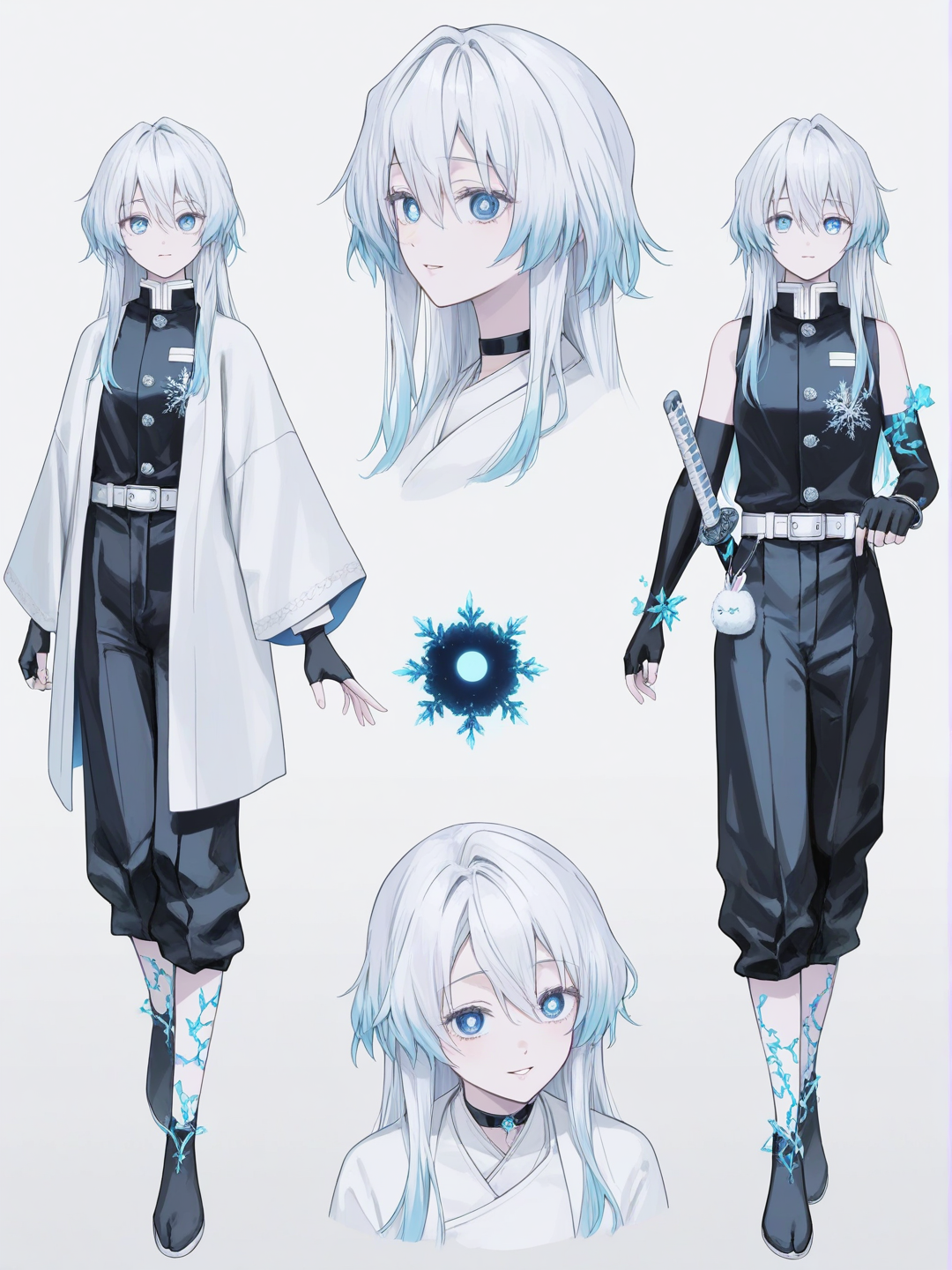 [soft-pastel-style] 1girl, solo, original_character, kimetsu_no_yaiba, young_adult female, age_20, slim_build, petite, fair_skin, long_hair, straight_hair, silky_hair, layered_hair, white_hair, light_blue_hair, multicolored_hair, teal_hair, purple_hair, hidden_colors, deep_blue_eyes, black_ringed_pupils, glowing_eyes, blue_glow, almond_eyes, light_absorbing_effect, round_face, soft_diamond_face, gentle_cheeks, button_nose, elegant_nose, thin_lips, neutral_expression, calm_smile, quiet_expression, warm_vibe, approachable, observant, powerful_aura, demon_slayer_uniform, light_blue_uniform, navy_stitching, blue_gradient_sleeves, snowflake_pattern, silver_buttons, circle_buttons, event_horizon_symbol, high_collar, silver_piping, tapered_sleeves, blue_crescent_designs, white_star_buttons, constellation_pattern, haori, light_blue_haori, asymmetrical_haori, one_long_sleeve, one_sleeveless_haori, folded_sleeve, deep_blue_inner_lining, galaxy_pattern, starry_sky, white_spiral_design, black_hole_symbol, silver_trim, glowing_trim, elegant_design, clean_design, intimidating_aura, silver_star_hair_clips, snowflake_hair_ornament, dark_blue_ribbon, black_choker, silver_ring_choker, star_pendant_necklace, black_fingerless_gloves, white_glove_seams, silver_wristband, ripple_pattern, arm_wrappings, deep_blue_belt, star_talisman, constellation_embroidery_pouch, navy_ankle_straps, silver_boot_charm, nichirin_blade, spiral_engraved_sheath, crescent_moon_charm, indigo_hilt, silver_thread_wrap, galaxy_cord_pommel, astronomy_notebook, star_map_charm, obsidian_bead, character_sheet, multiple_views, front_view, back_view, side_view, expressions, weapon_display, single_character, full_body, looking_at_viewer, anime_style, simple_background, white_background