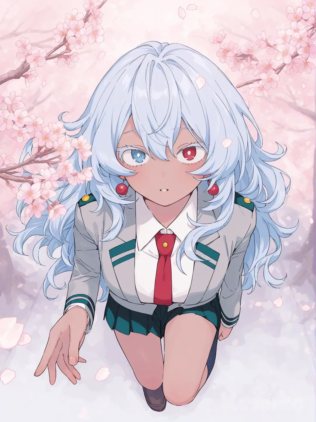 [soft-pastel-style] 1girl, light blue hair, long hair, wolf cut, wavy hair, heterochromia, blue eyes, red eyes, large eyes, long eyelashes, u.a. uniform, slim, tanned skin, earrings, tie, hair accessory, single character, full body, looking at viewer, anime style, sakura trees background, My Hero Academia style, original character in the world of My Hero Academia.